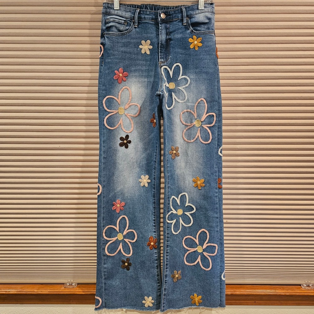OH Jeans Womens Small Blue Floral Embroidered Wide Leg Raw Hem Jeans JP0688